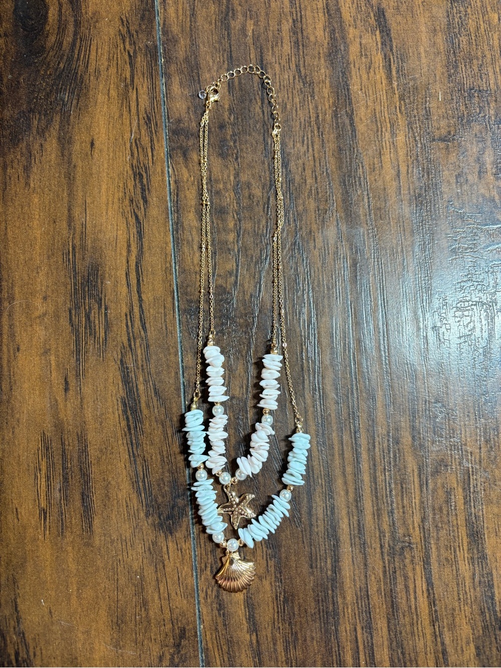 Layered Pink and Blue Shell Beaded Necklace with Gold Shell Starfish Charms
